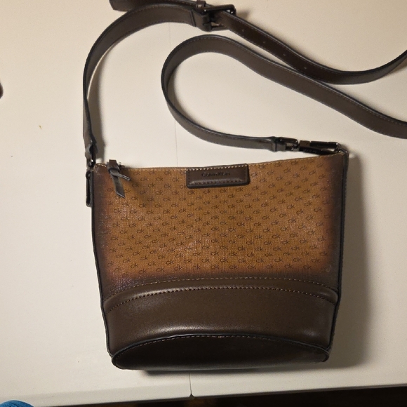 Calvin Klein CK Monogram Mini Shoulder Bag Brown Logo Zip Pouch Purse - Picture 3 of 8